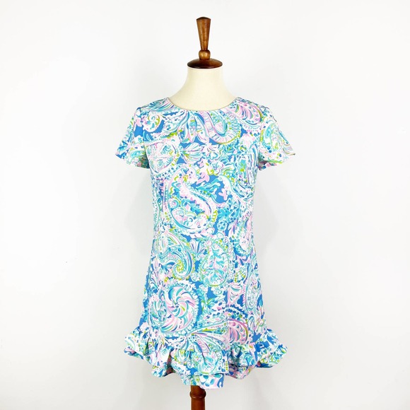 Lilly Pulitzer Masey Short Sleeve Romper In blue Carnivale Coral Size 2 - Picture 1 of 10